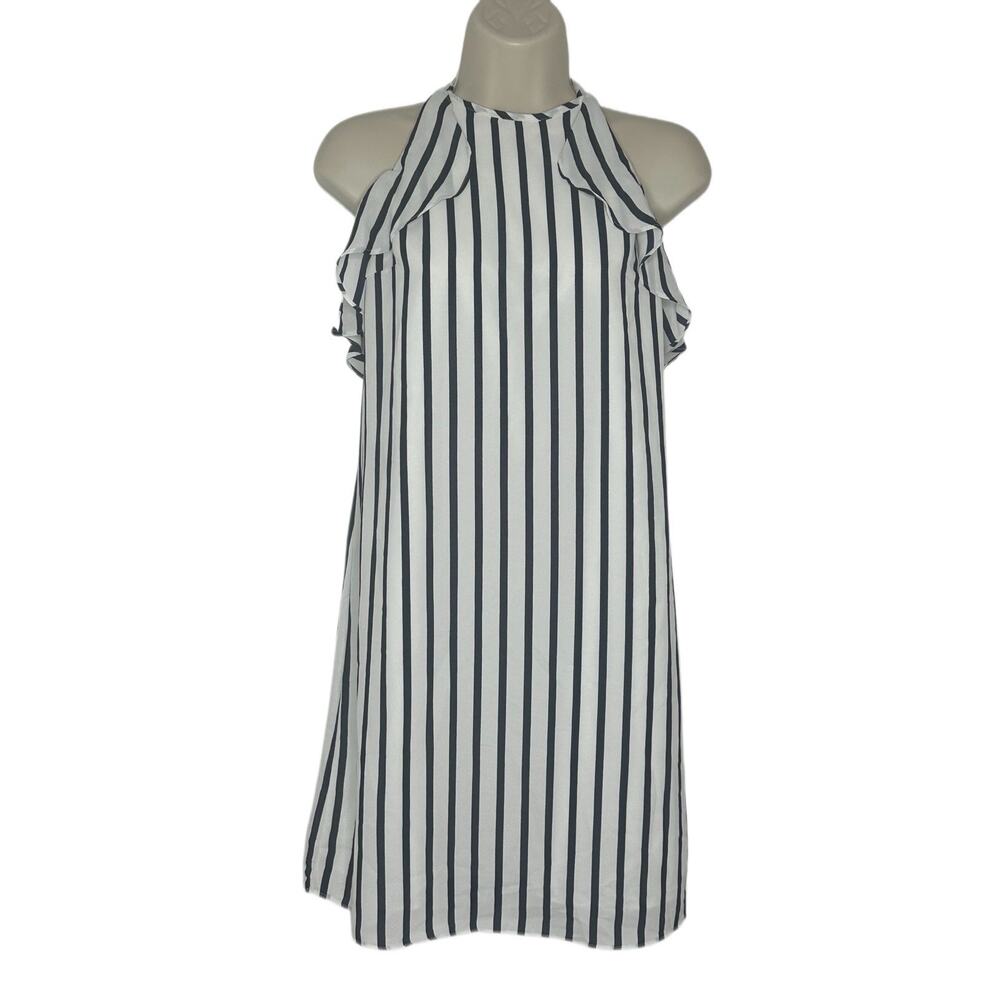 NWT'S J Crew Sleeveless Chiffon Halter Dress Size XS White Blue Striped Ruffle